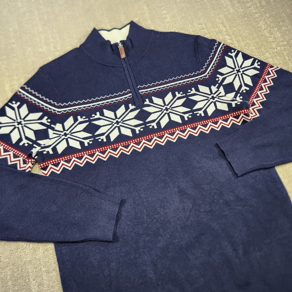 Aspen Sweater Women Medium Fair Isle Snowflake 1/4 Zip Mock Neck Holiday Blue